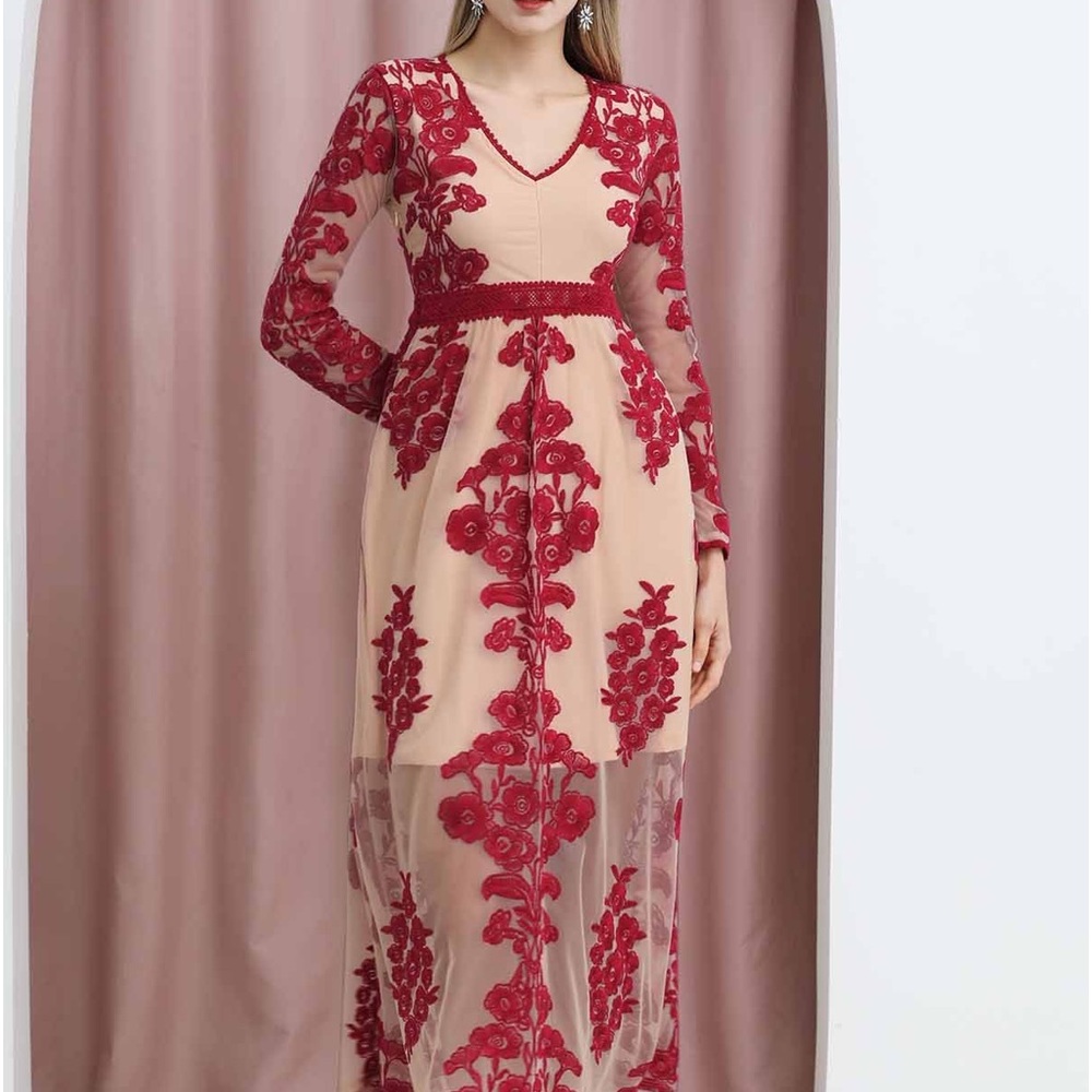 Chicwish V-Neck Floral Embroidered Mesh Maxi Dress in Wine